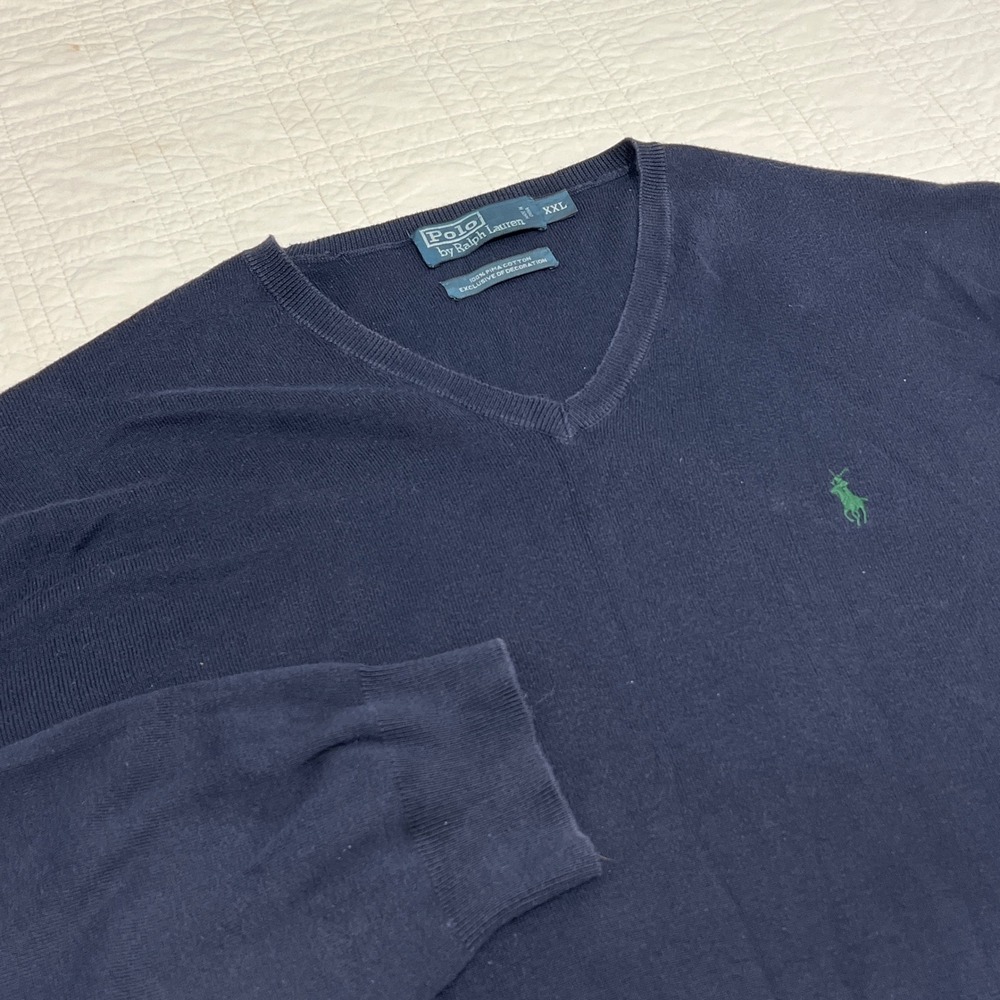 Polo Ralph Lauren Mens XXL Navy Blue 100% Pima Cotton V-Neck Sweater Green Pony